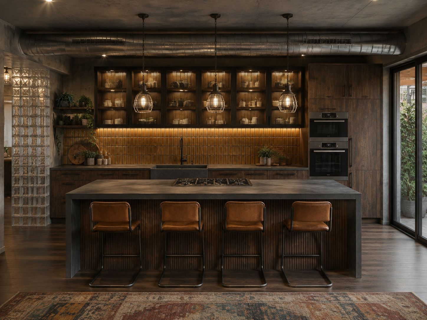 Symmetrical view of the kitchen with lit vitrines and stone island