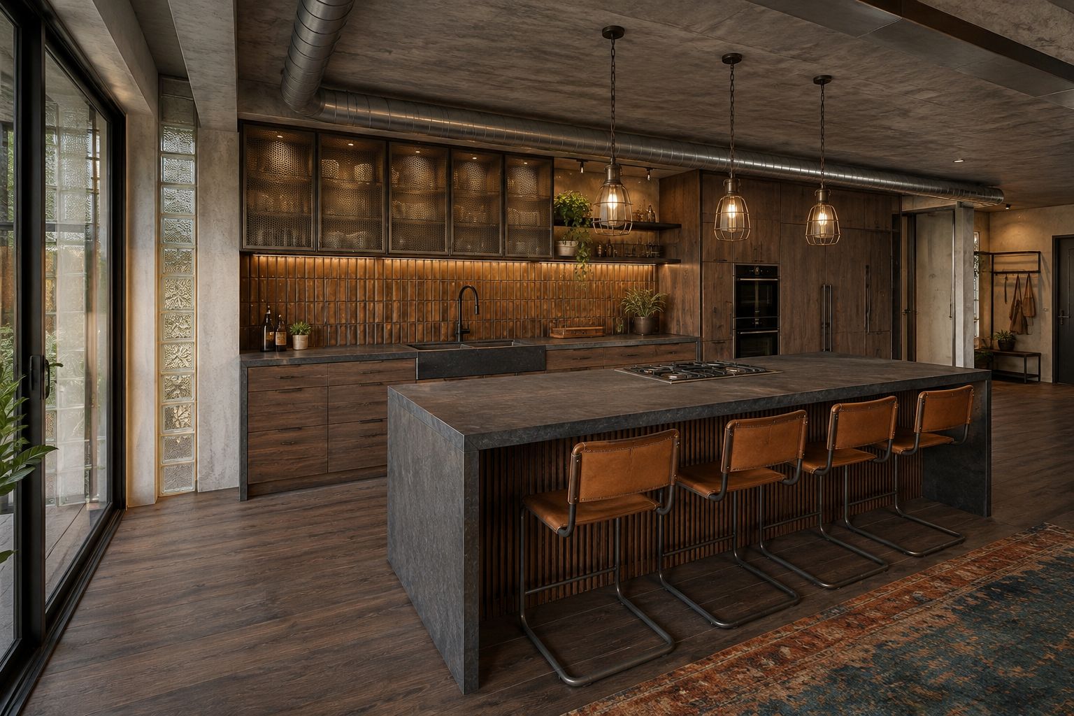 Kitchen island with cooktop and leather stools, garden beyond
