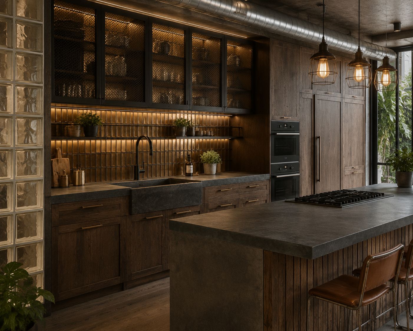 Close view of bronze glazed tile, stone sink and fumed oak cabinetry