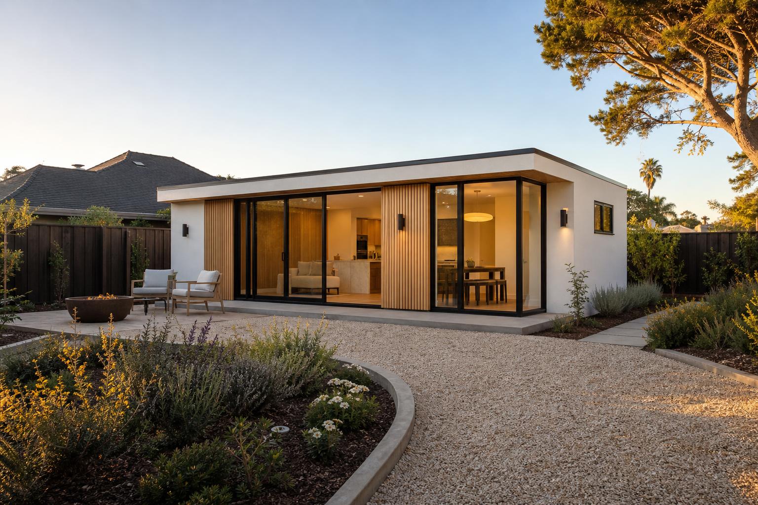 Modern garden ADU with white stucco and oak cladding at golden hour