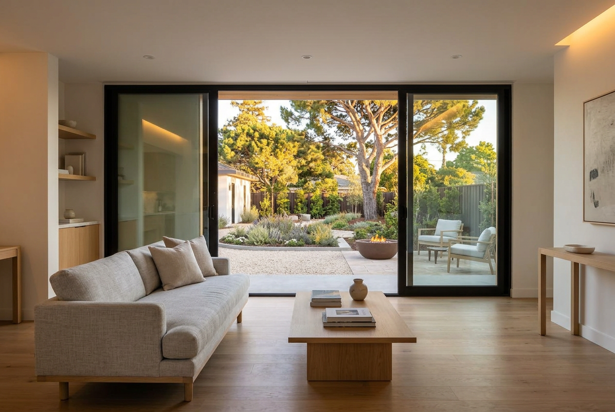 ADU living room with sliding glass door to garden