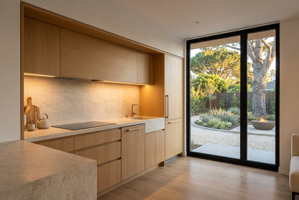 Compact ADU kitchenette in oak and stone