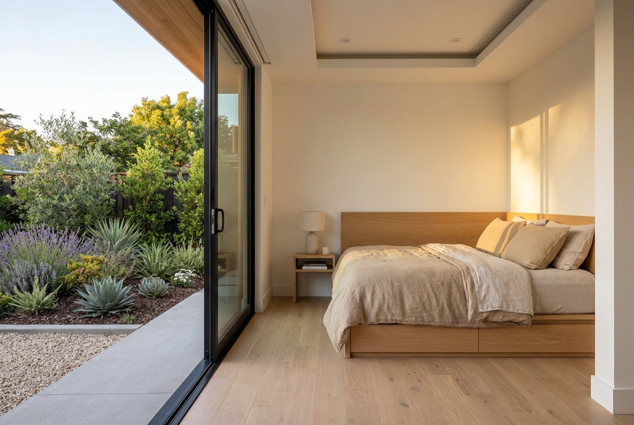 ADU bedroom with built-in oak platform bed