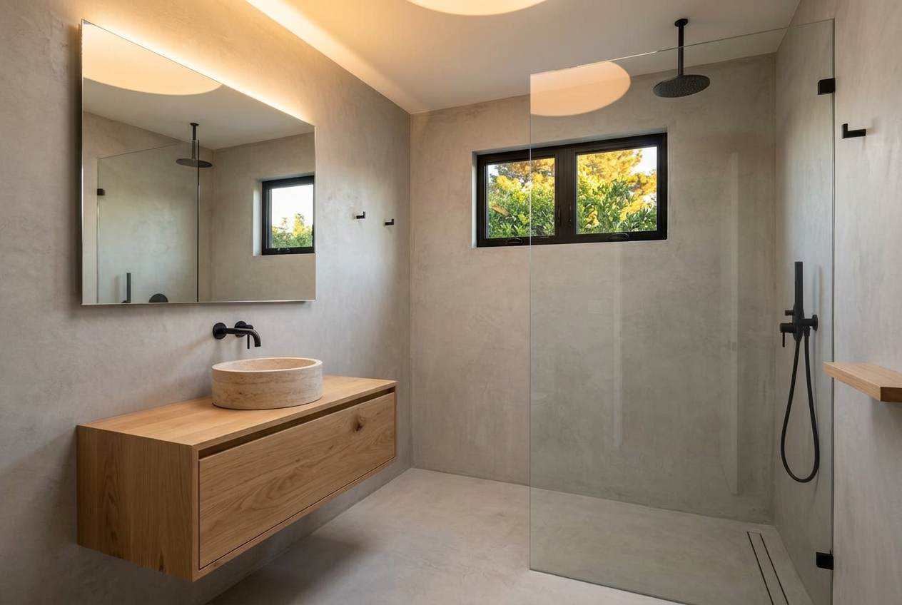 ADU bathroom with micro-cement walls and oak vanity
