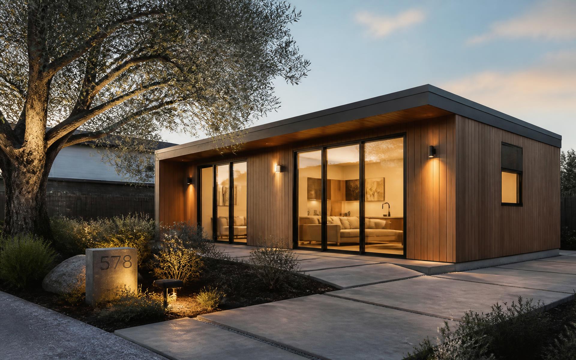 Modern detached backyard ADU with cedar siding and black-framed glass doors at dusk