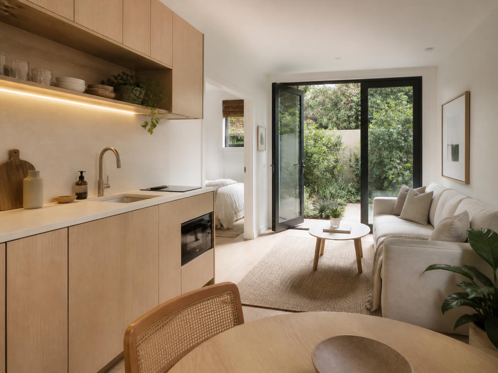 Interior of a luxury ADU with white oak kitchenette and garden doors