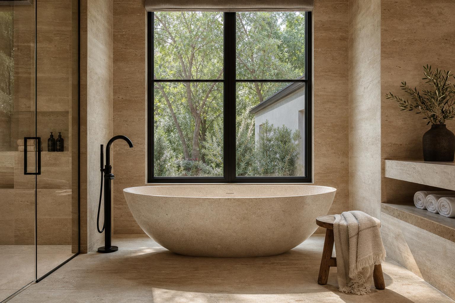 Luxury primary bathroom with freestanding stone tub under a window