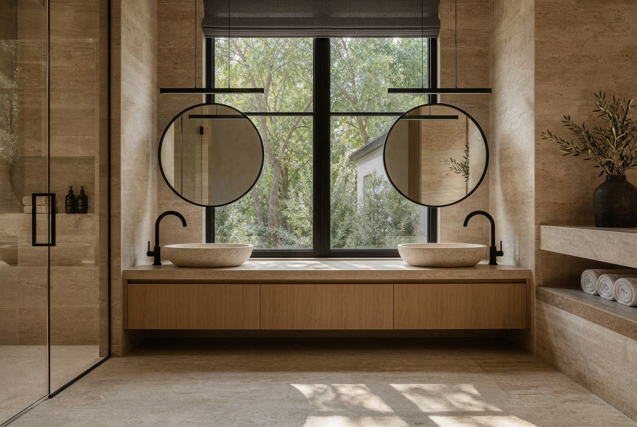 Double floating oak vanity with round mirrors