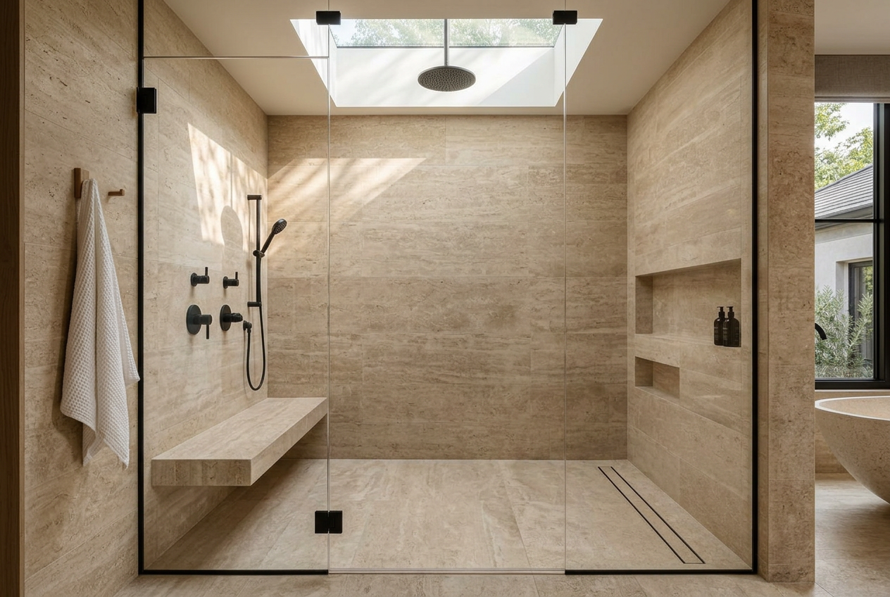 Frameless glass wet room with skylight