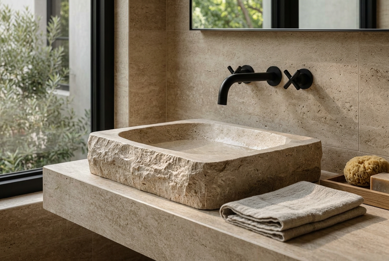 Detail of a stone basin and wall-mounted tap
