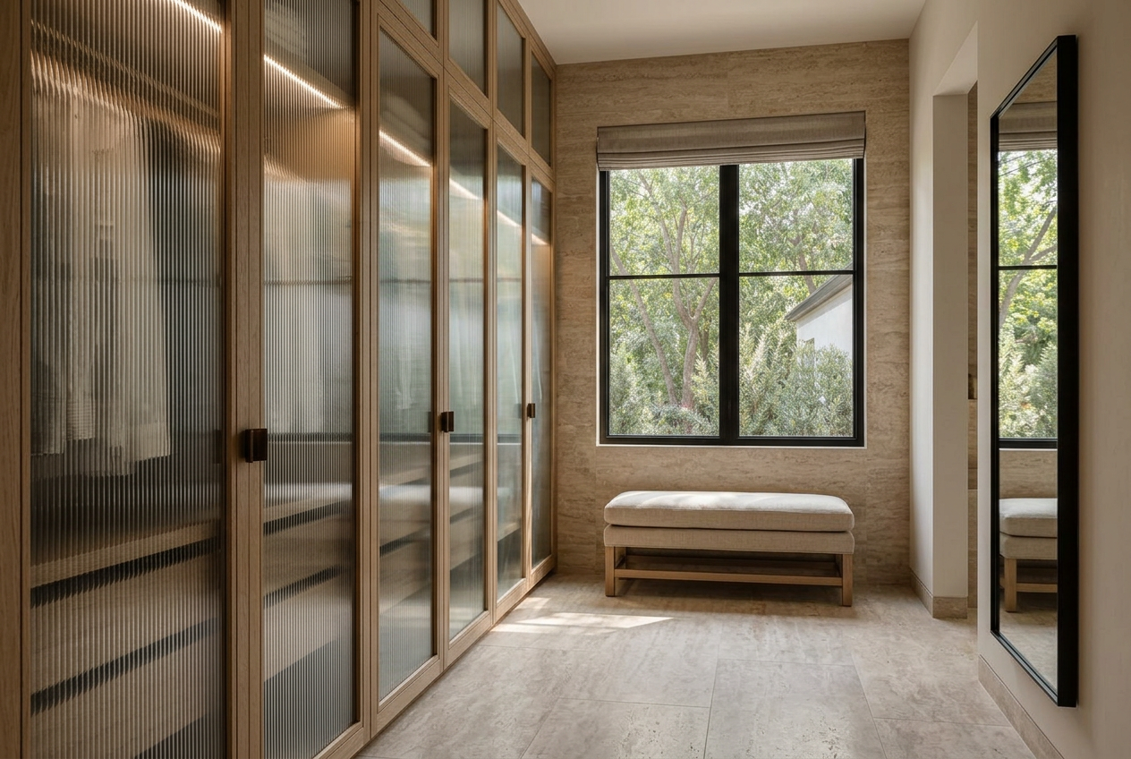 Dressing area with fluted glass wardrobes