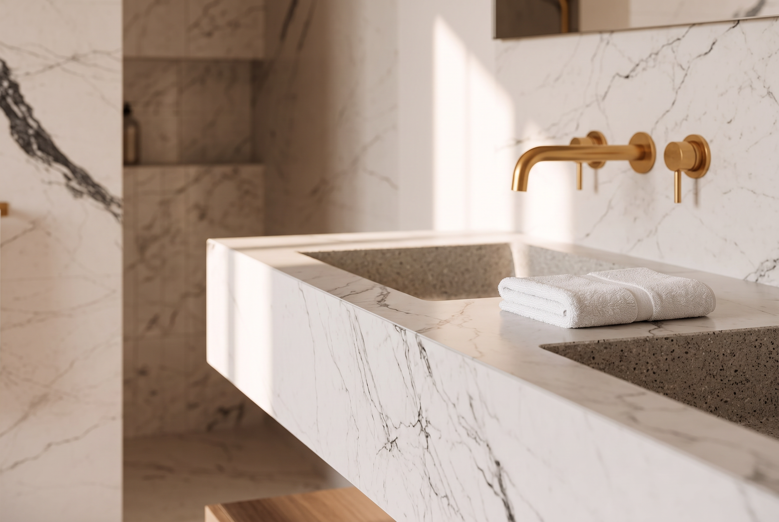 Detail of a luxury bathroom vanity in white oak with marble counter
