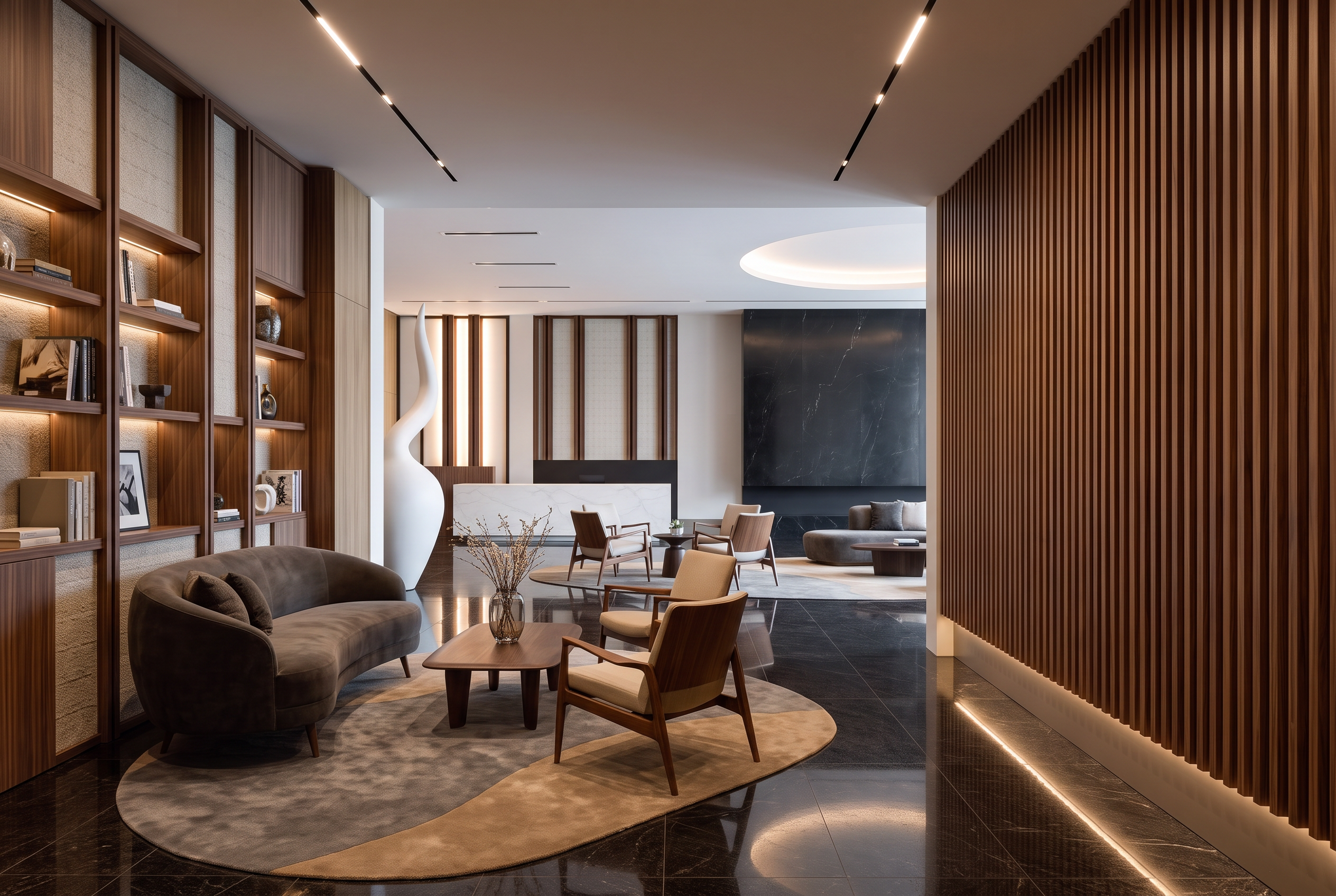 Modern office collaboration lounge with glass partitions and warm wood