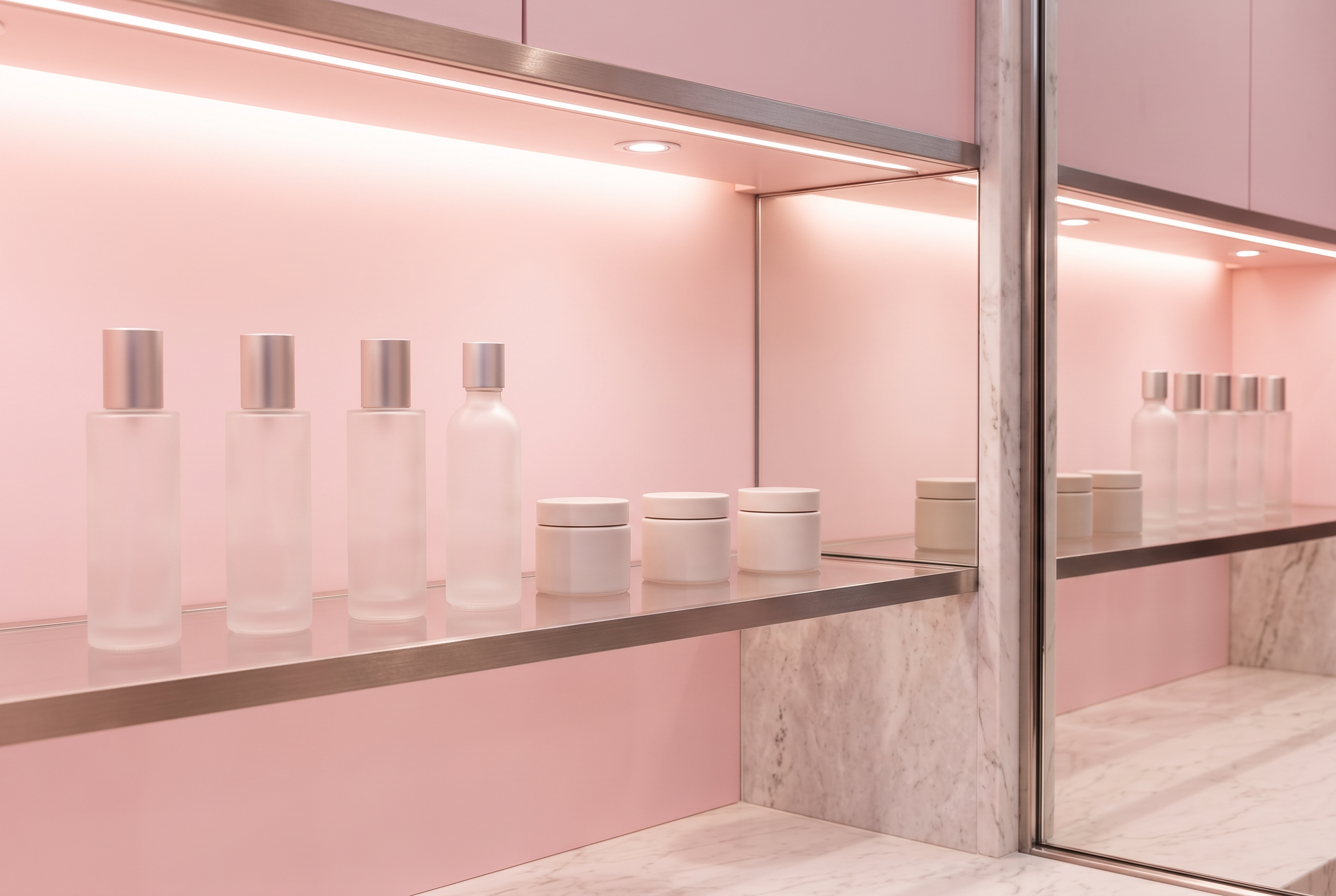 Illuminated glass display shelves with skincare products in a luxury store