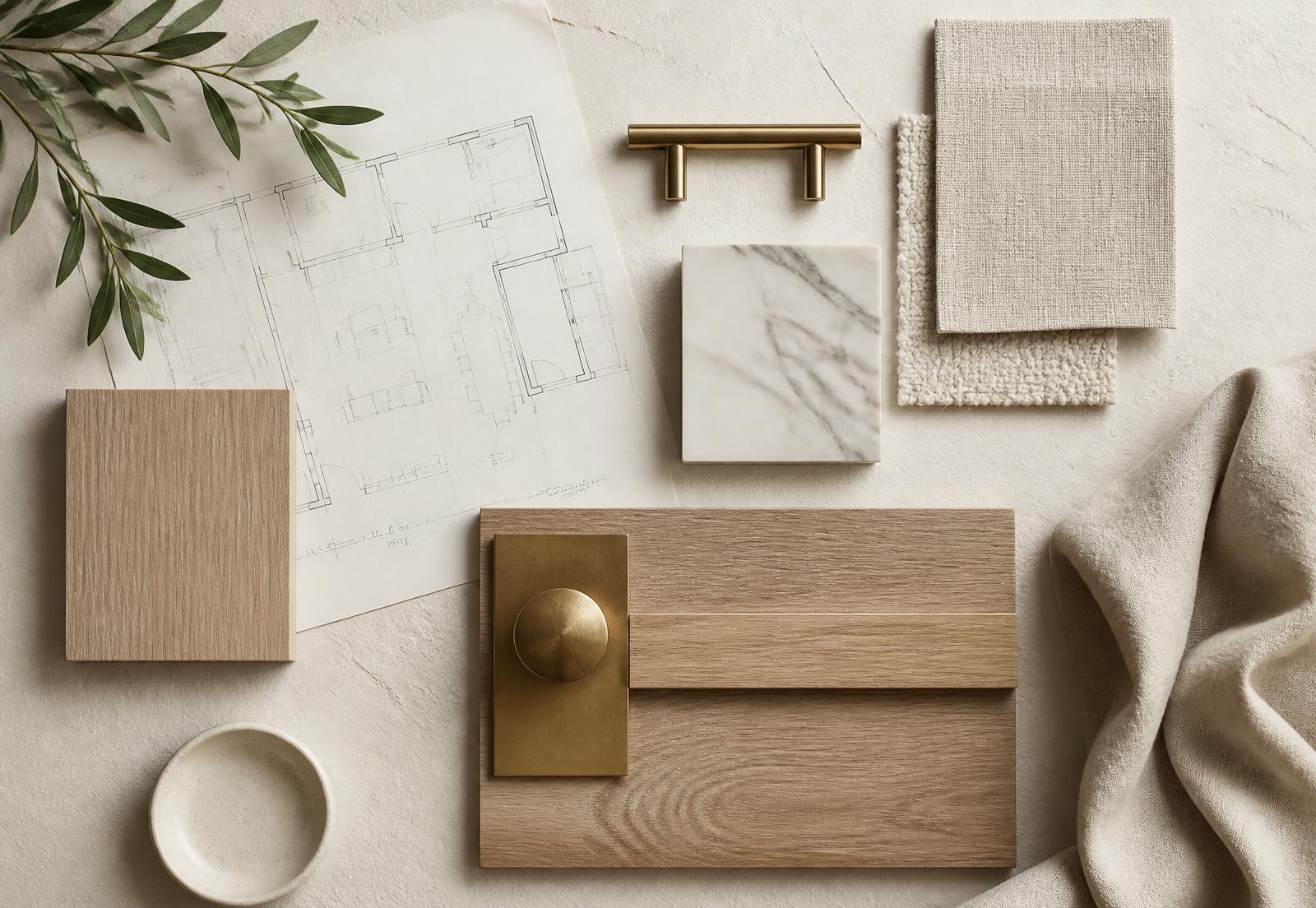 Flat lay of interior design materials: white oak, marble, brass hardware, linen swatches and a floor plan