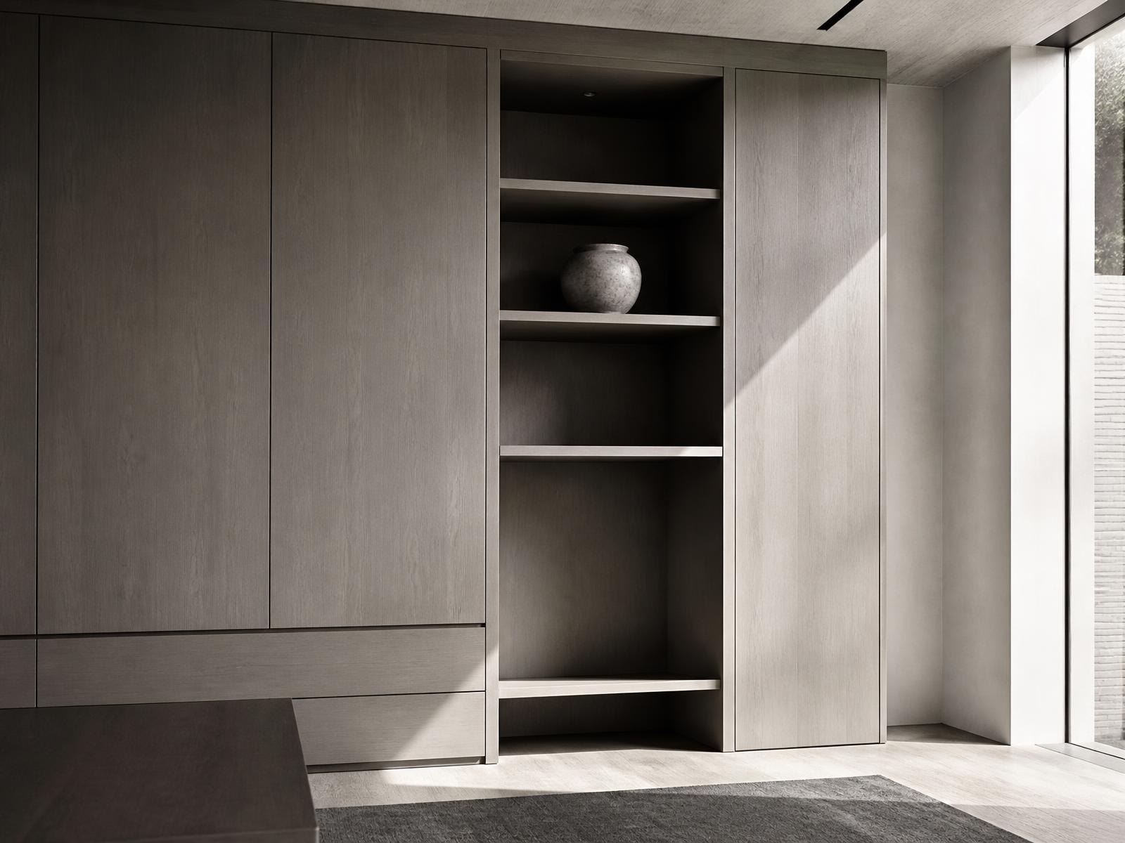 Full-height oak cabinetry with fine reveals and integrated shelving