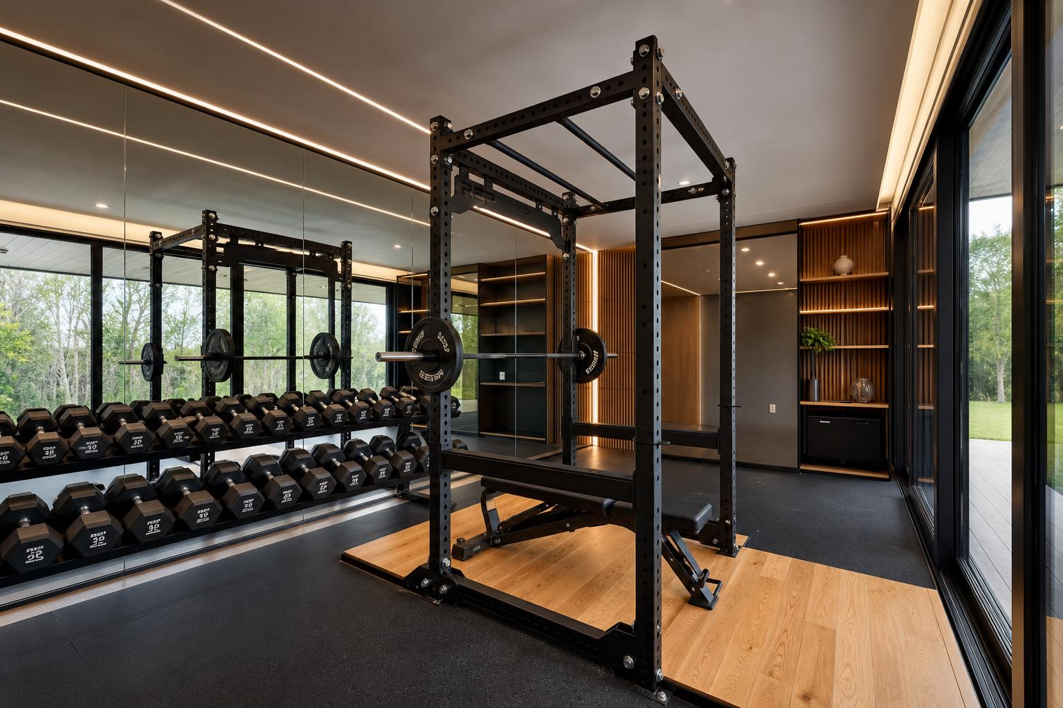 Luxury home fitness studio with mirror wall and black steel rig
