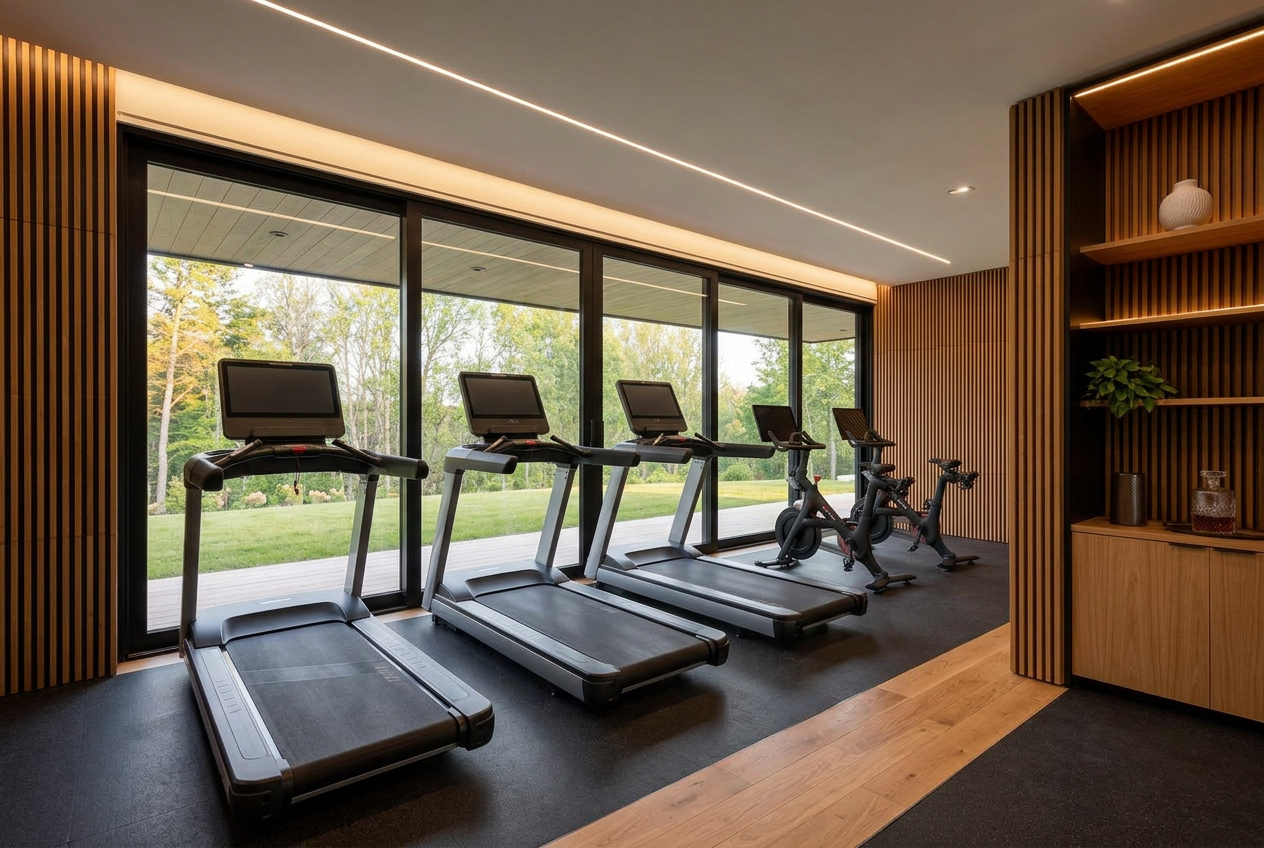 Cardio zone facing floor-to-ceiling glass