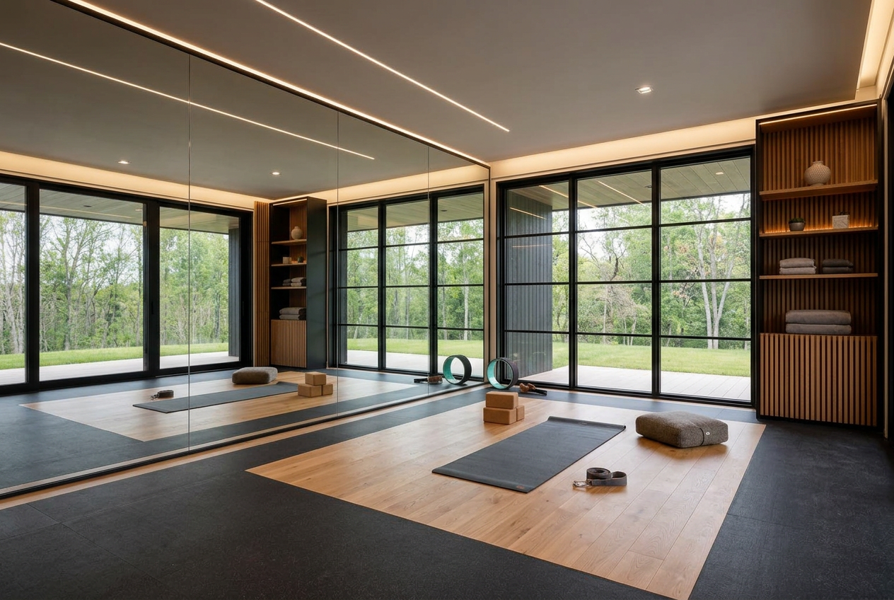 Yoga and stretch studio with oak floor