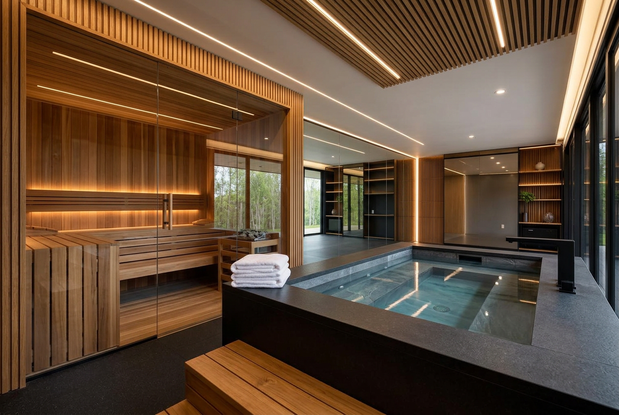 Cedar sauna and stone cold plunge recovery room