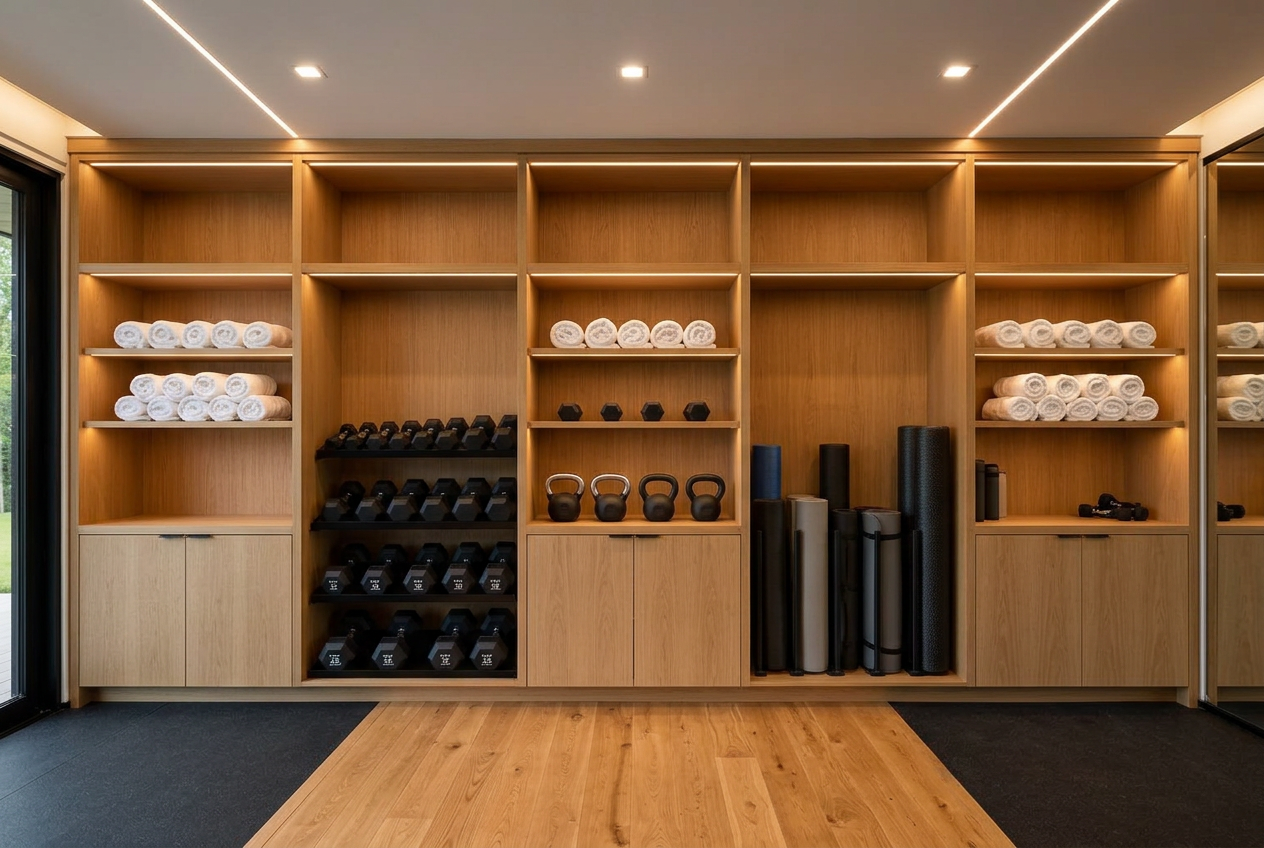 Oak storage wall with towel niche and weights