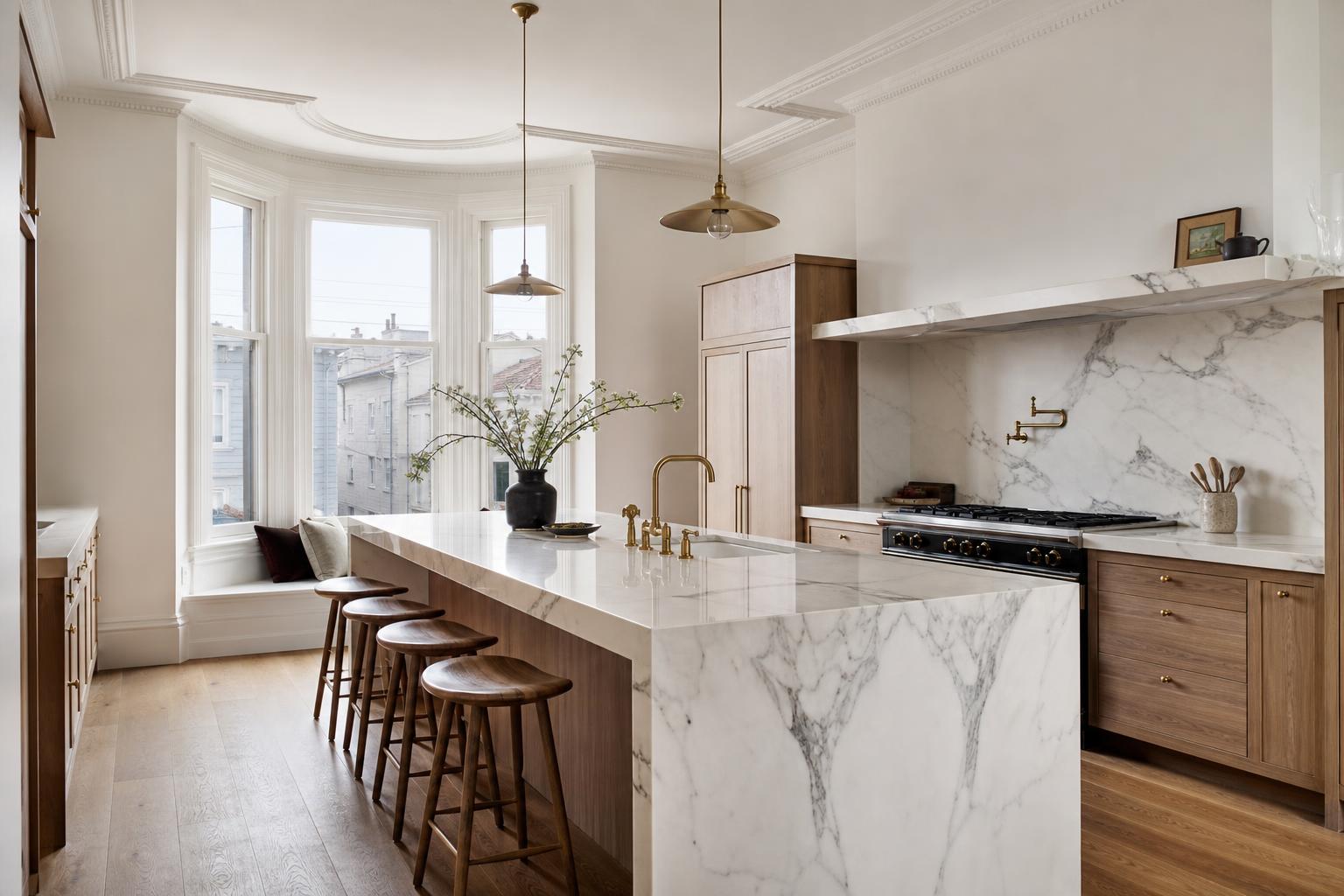 Luxury remodeled kitchen with marble island and oak cabinetry