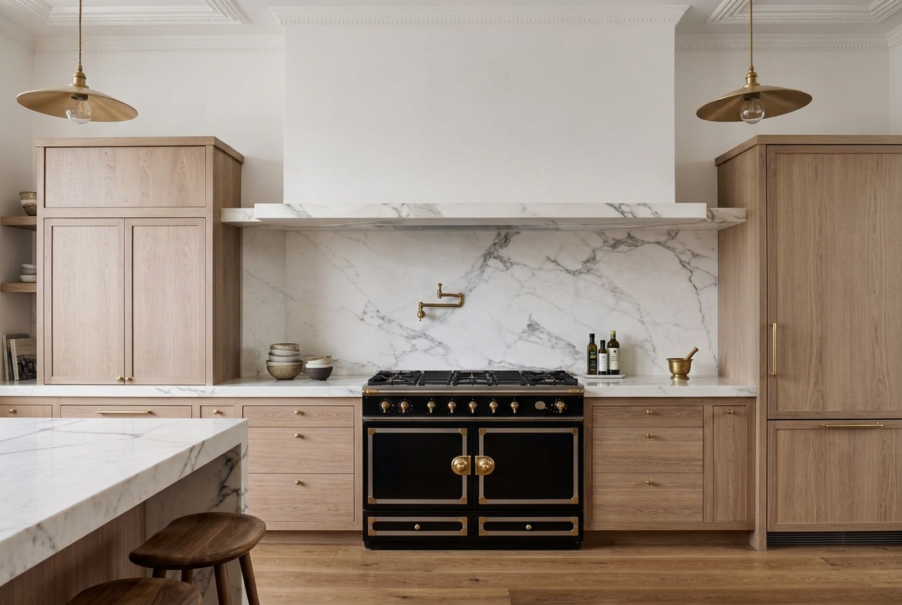 Range wall with book-matched marble backsplash