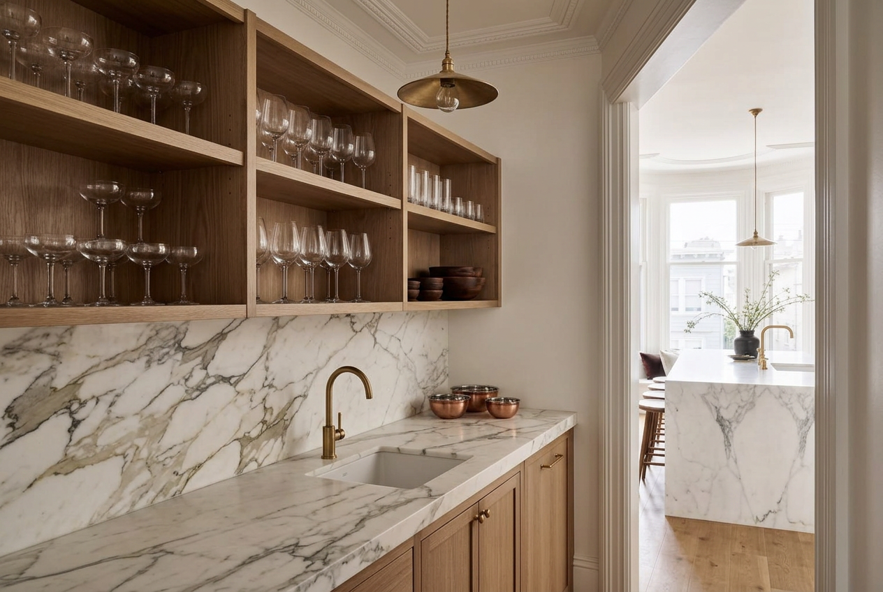Butler pantry with oak shelving