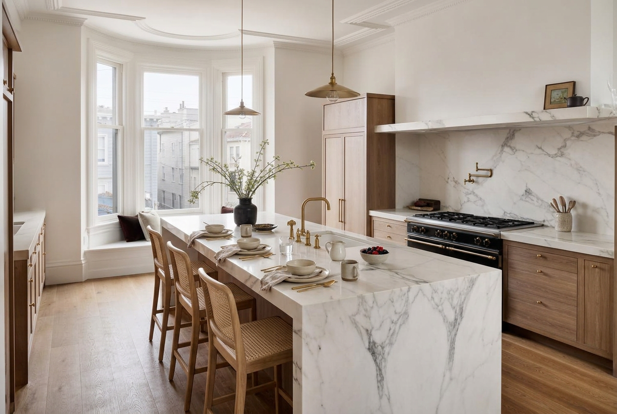 Elevated view of the marble island with oak stools