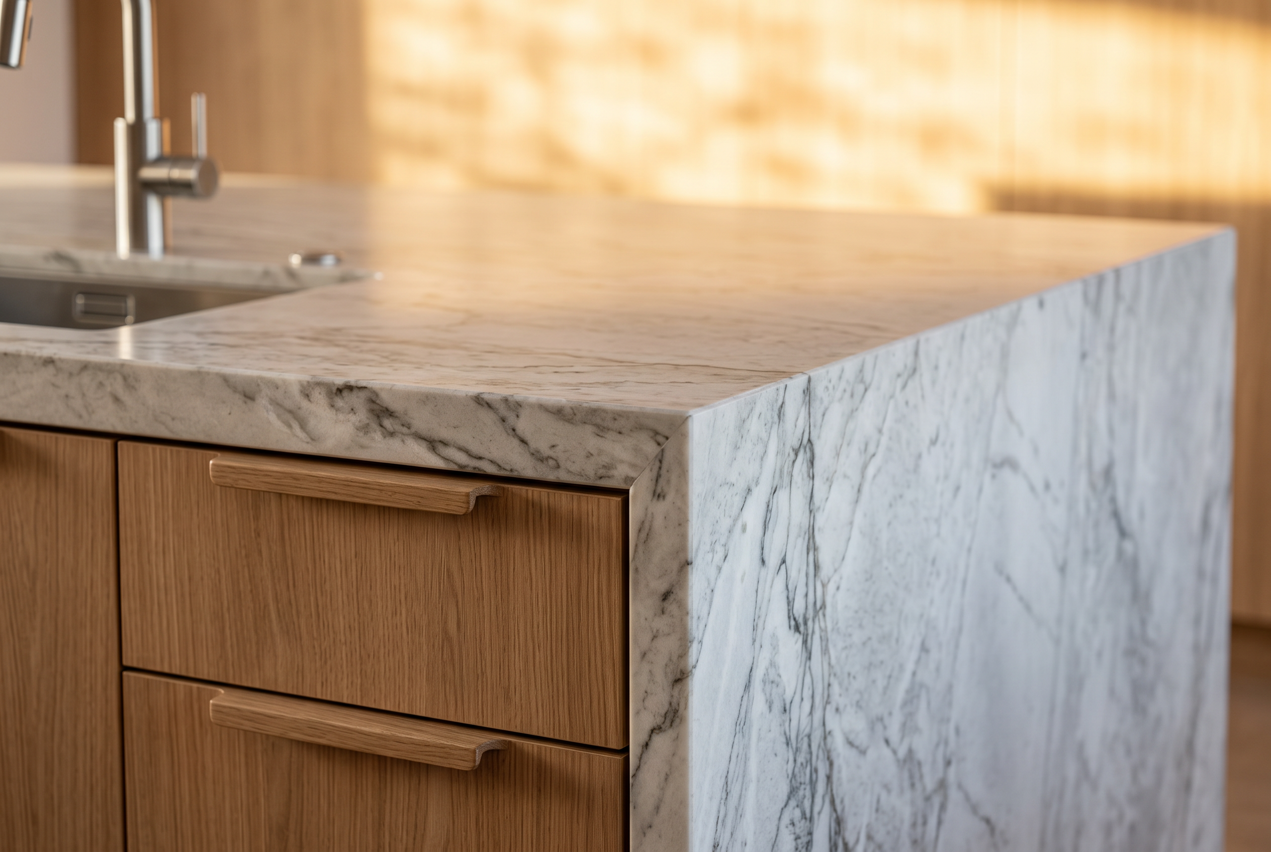 Detail of luxury kitchen cabinetry, marble backsplash and brass hardware