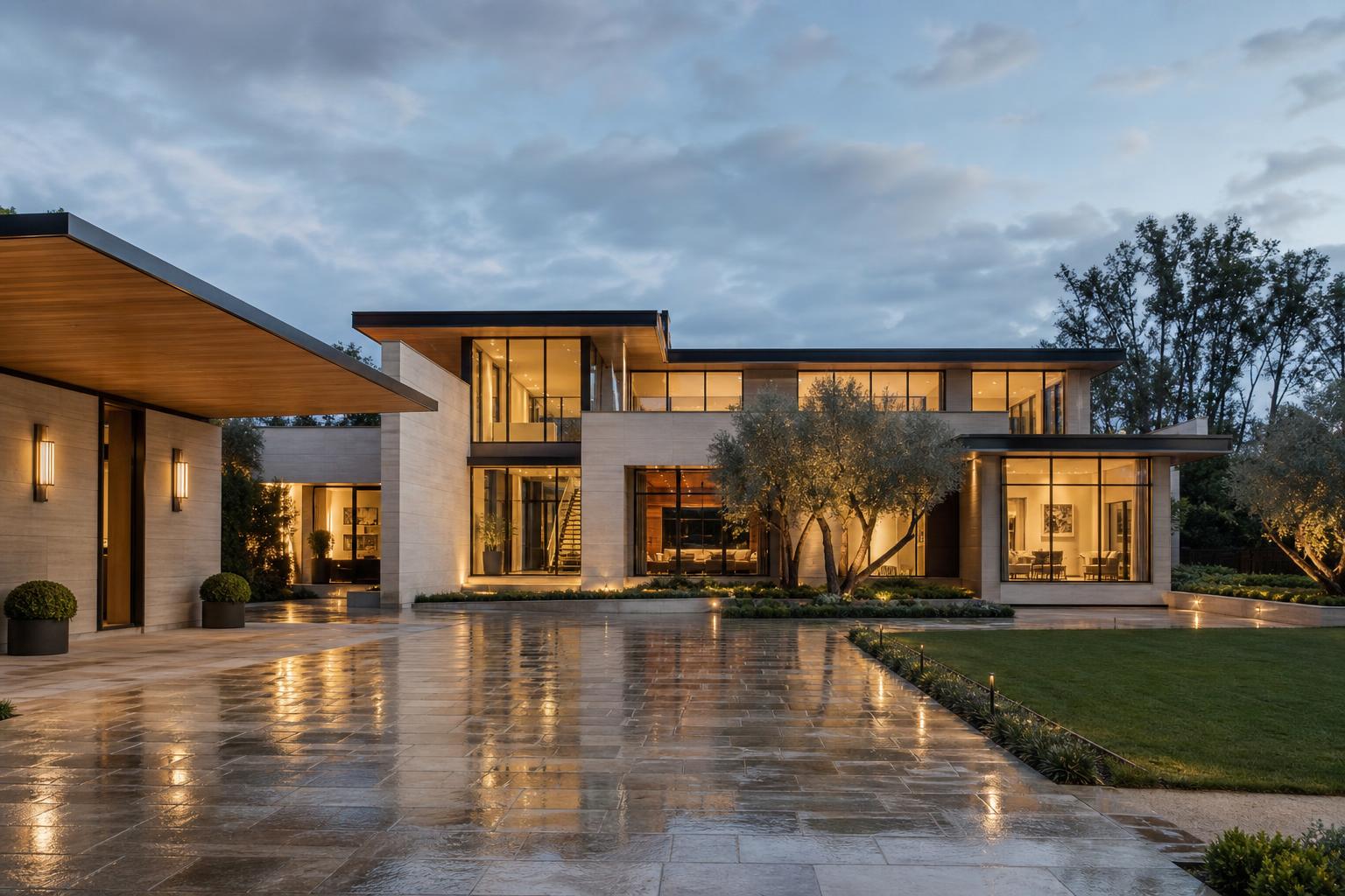 New-construction modern estate exterior glowing at dusk