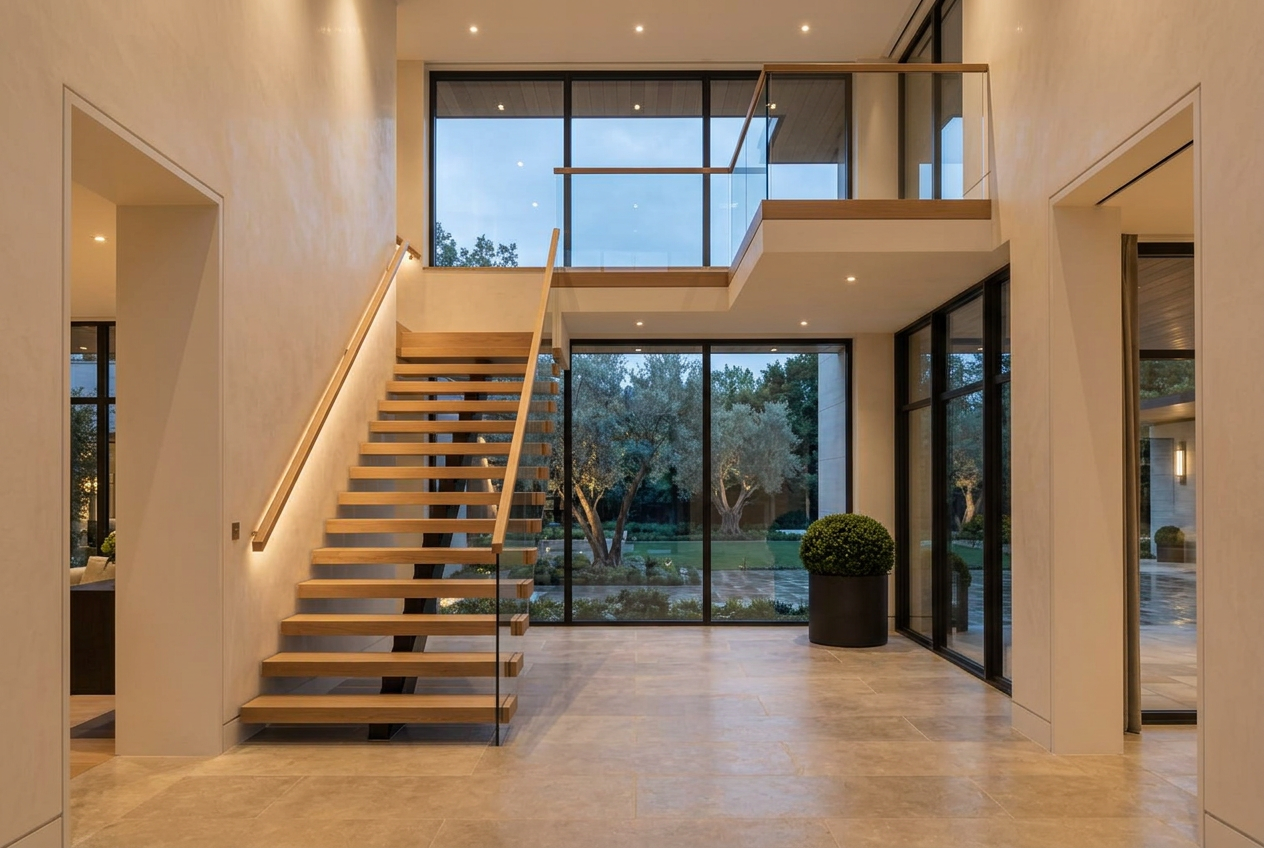 Double-height entry hall with floating oak stair