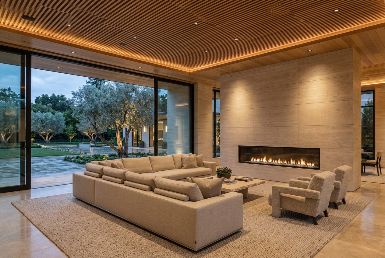 Great room with twenty-foot sliding glass wall