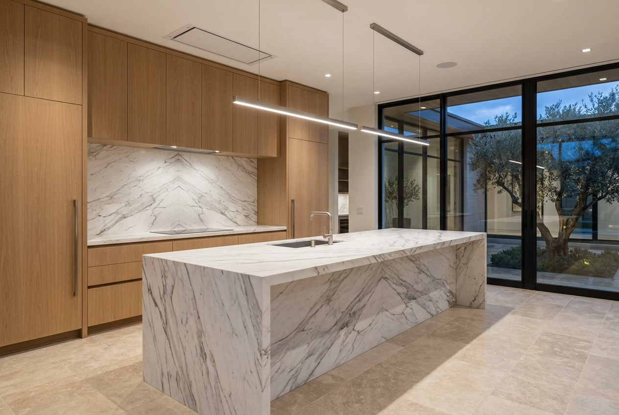 Chef kitchen with book-matched marble island