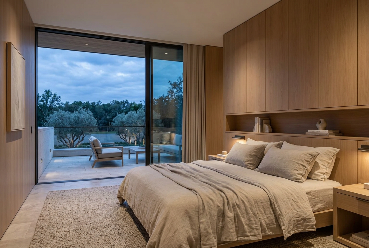 Primary suite with oak headboard wall