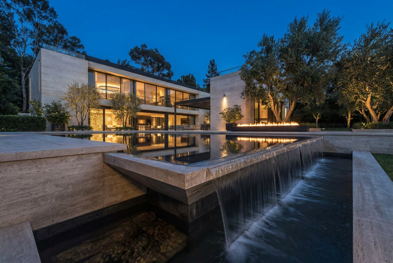 Infinity-edge pool at dusk with fire feature and modern house beyond