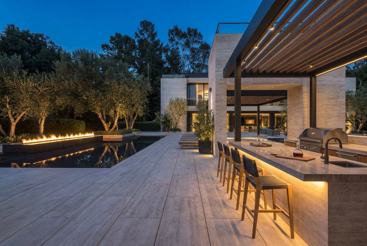 Covered outdoor kitchen with grill run and bar seating
