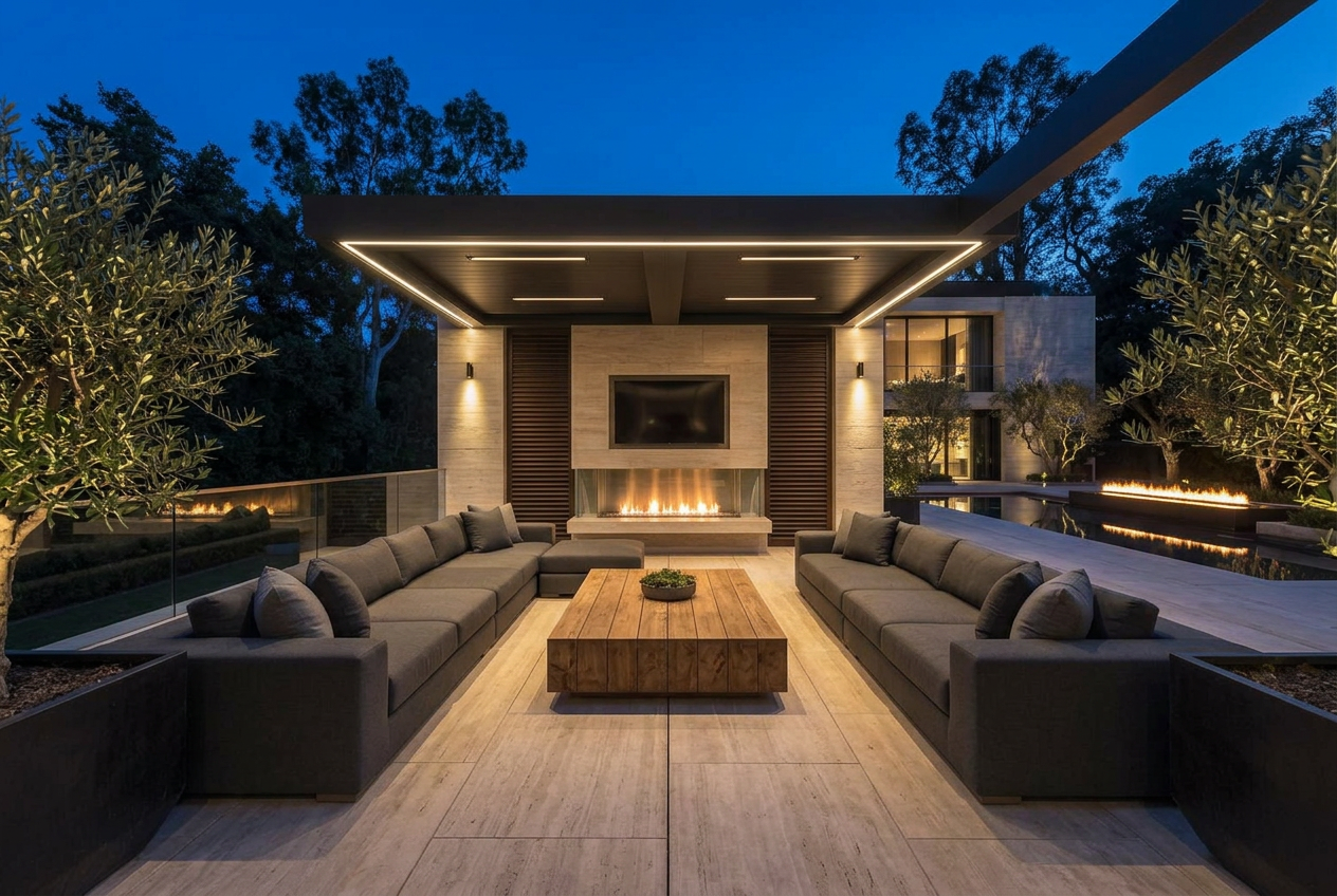 Covered outdoor lounge with linear fireplace