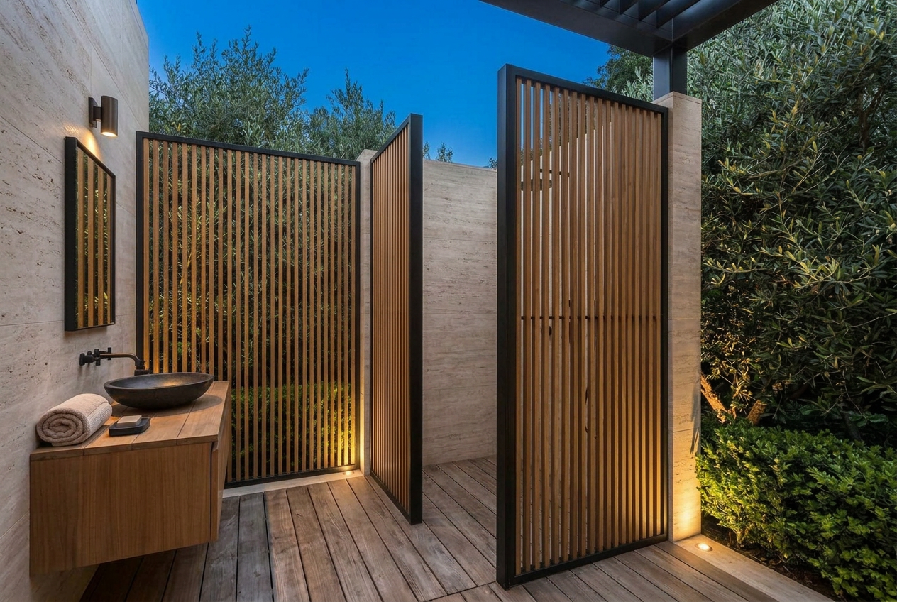 Outdoor shower and cabana bathroom in teak and stone