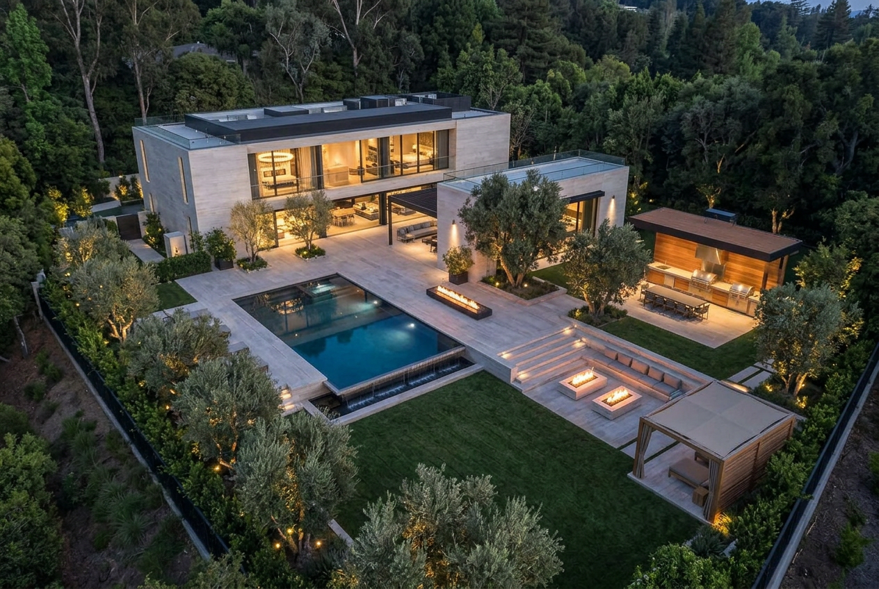 Aerial view of pool, kitchen pavilion and cabana at twilight
