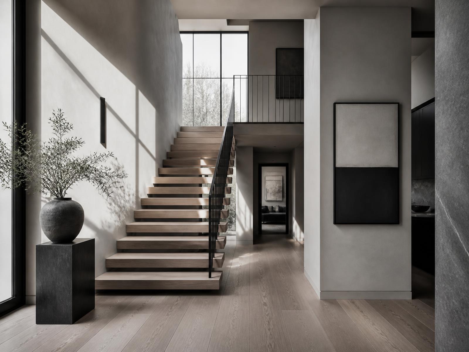 Open oak staircase with a slim steel rail in a light-filled entry hall