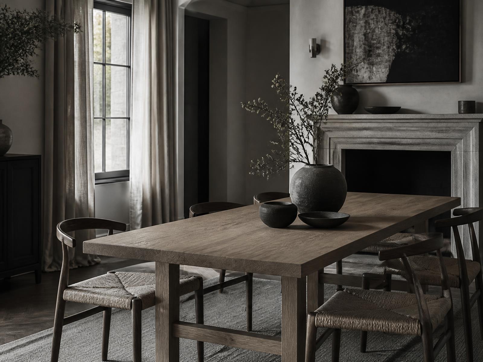 Dining room with an oak table, woven rush chairs and linen curtains in soft light