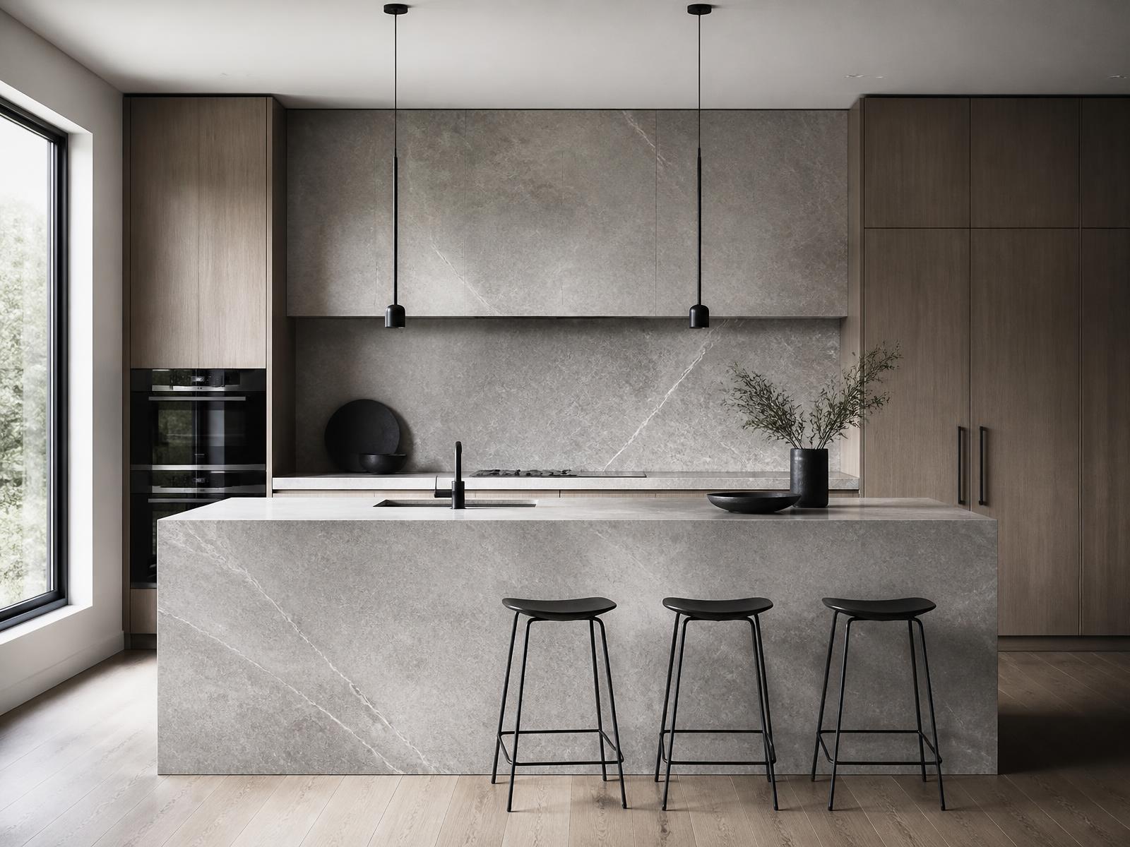 Modern kitchen with a honed stone island, oak cabinetry and black pendant lights