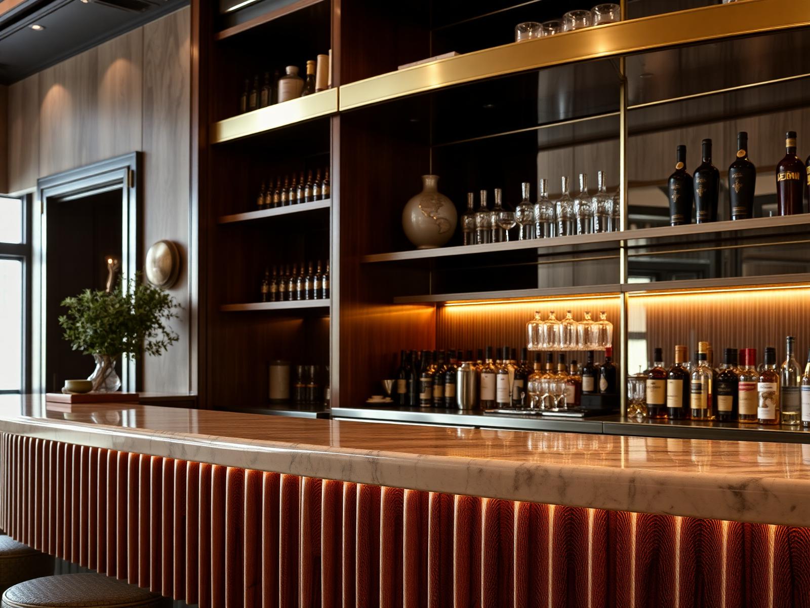 Detail of a restaurant bar with fluted wood, marble top and brass shelving