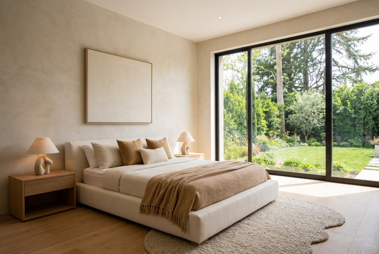 Staged primary bedroom in a luxury estate with layered linens and designer lighting