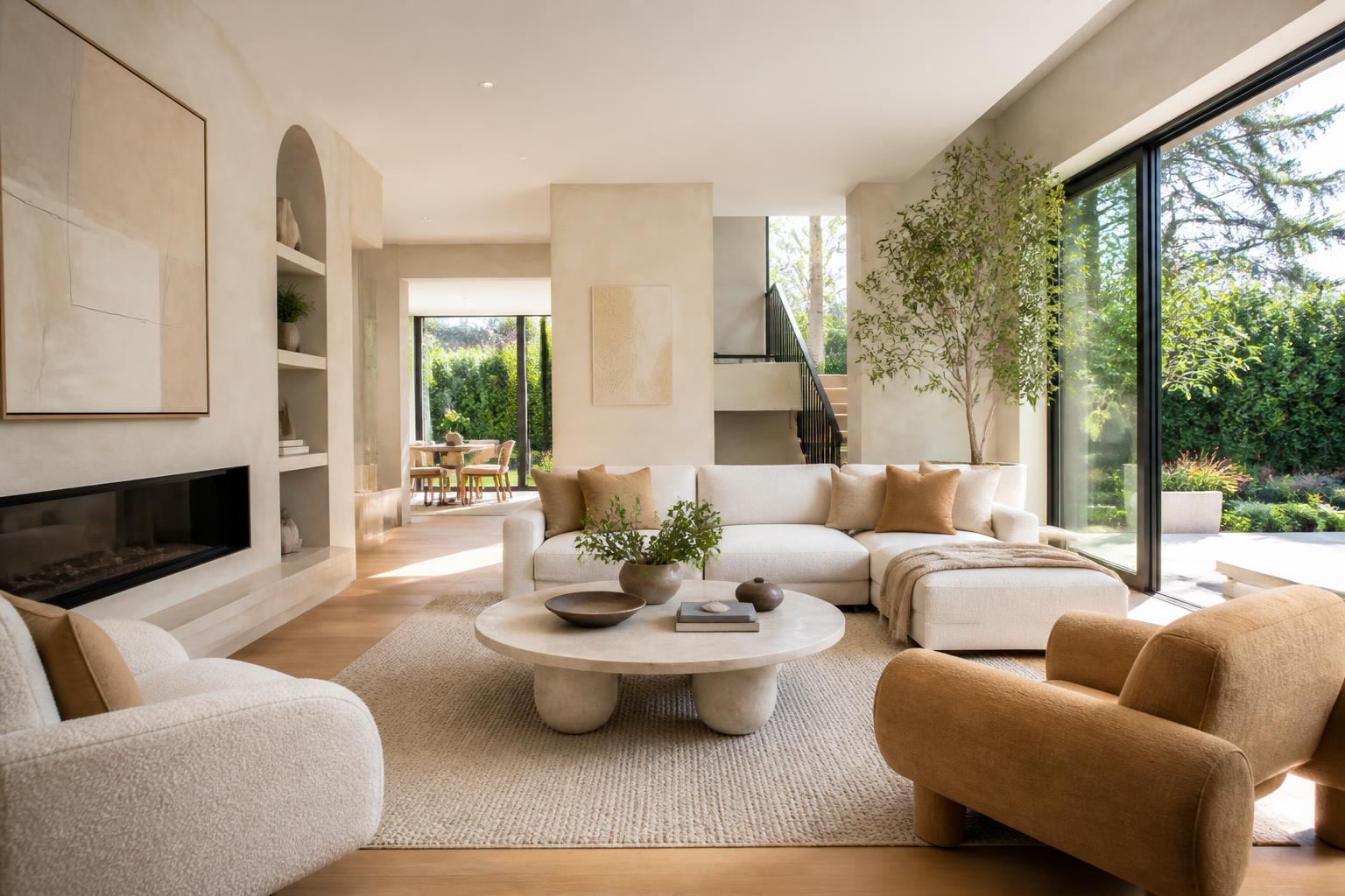 Staged luxury living room with curated furniture and fresh flowers