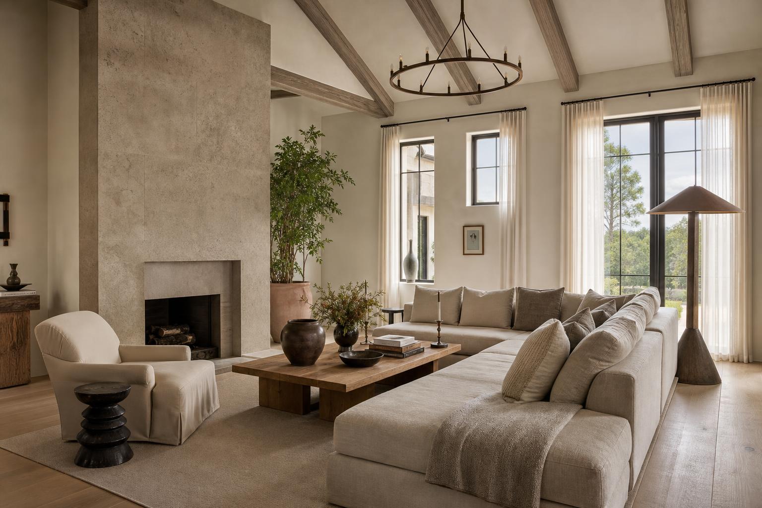 Luxury living room with linen sectional and stone fireplace