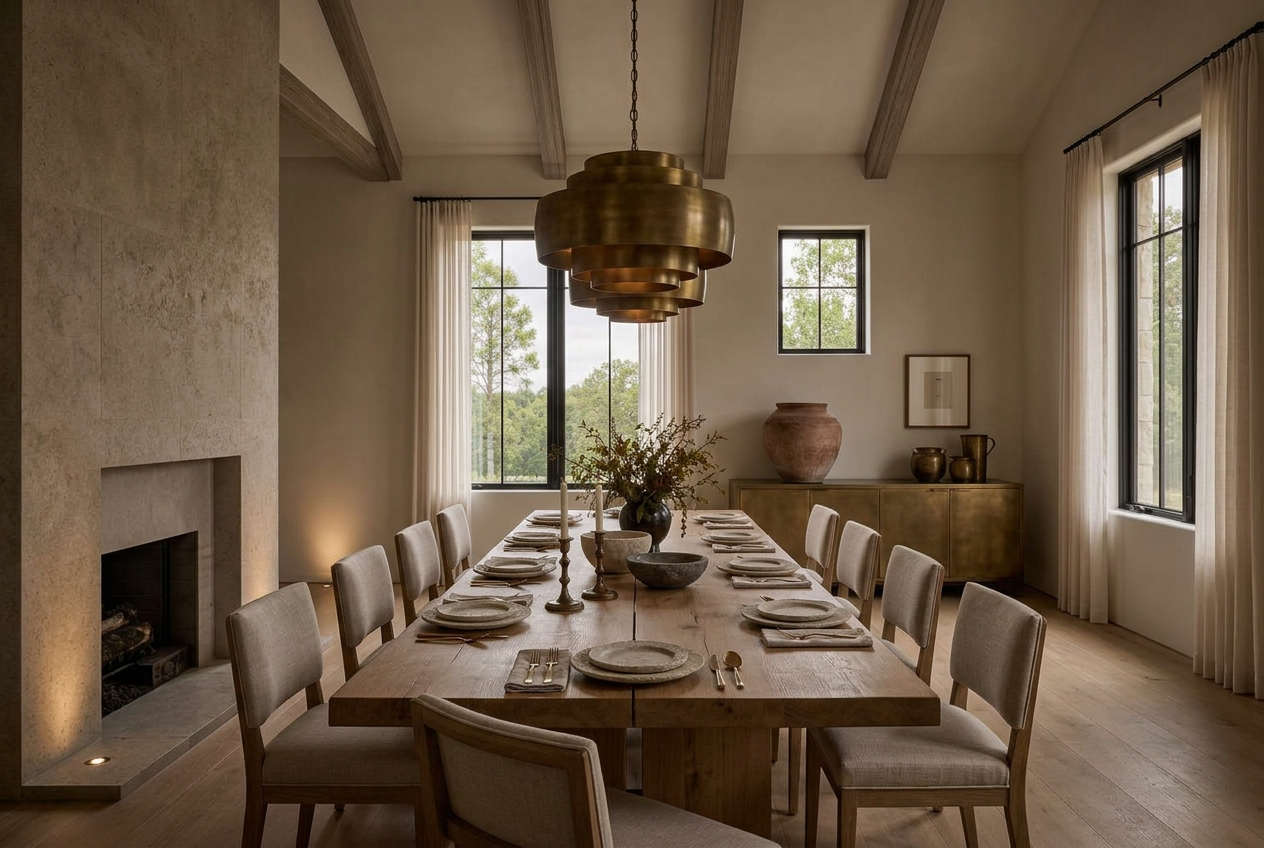 Formal dining room with long oak table