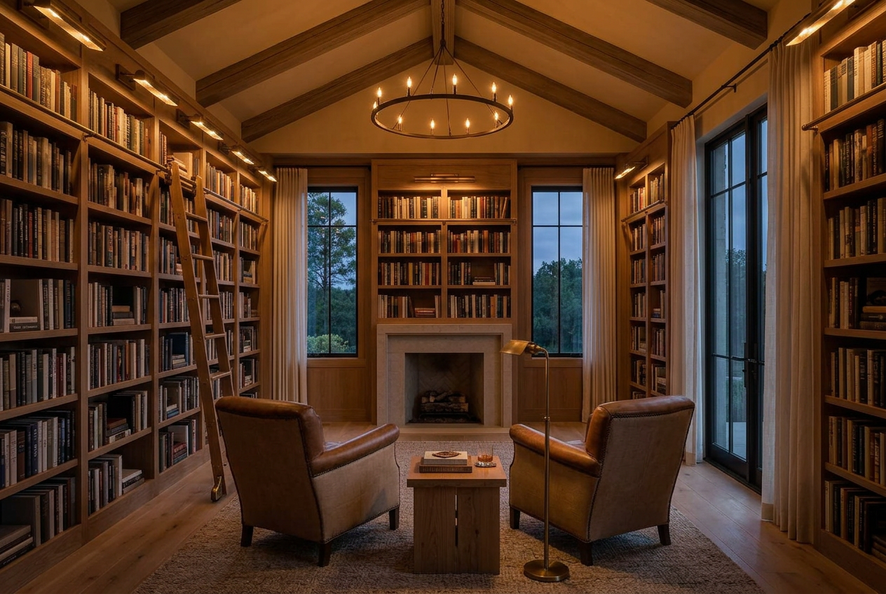 Home library with floor-to-ceiling shelving