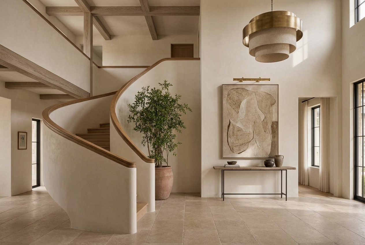 Entry hall with curved stair and artwork